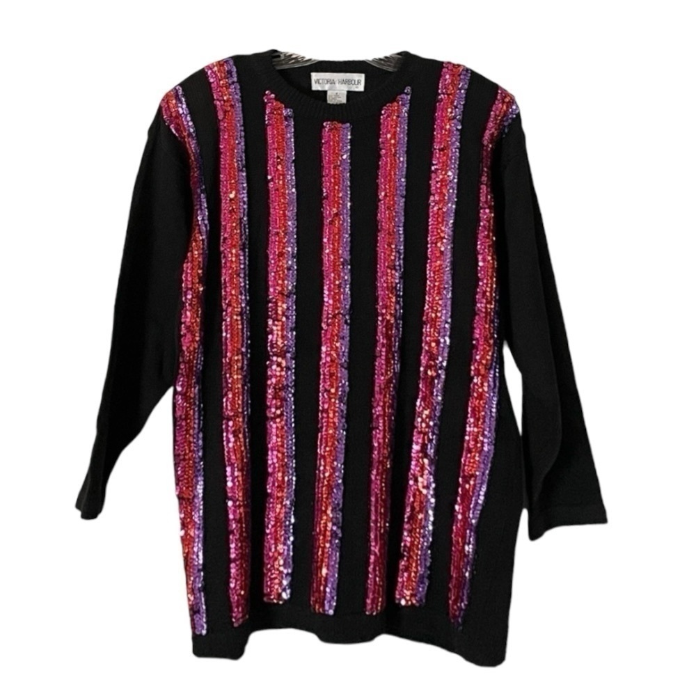 Vintage Victoria Harbour Holiday Sequin Beaded Stripe Relaxed Sweater Size S